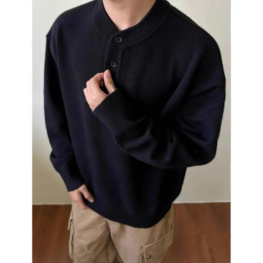 QGF gray American Henry collar sweater men's autumn high-end lazy style bottoming sweater cleanfit inner wear black M recommended 90-100Jin Jin equals 0.5 kg