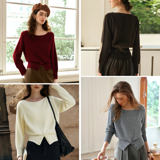 Olrain French one-neck sweater women's winter new slit hem waist pullover apricot S