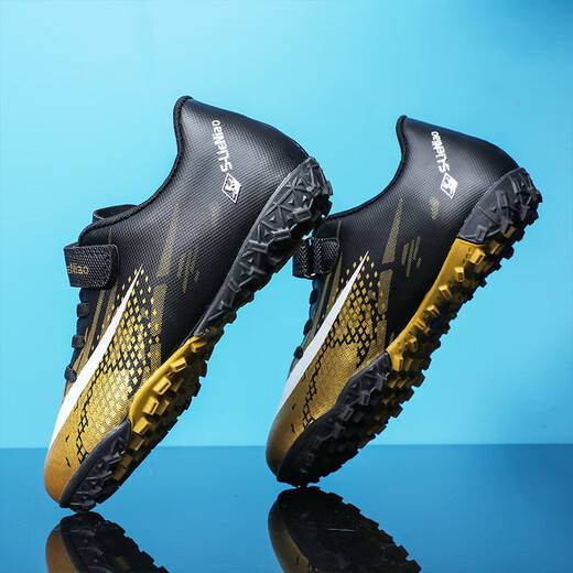 Irving leads the way in lace-free children's football shoes for men and women with broken nails TF artificial grass for teenagers and primary school students with Velcro ratio black gold broken nails 36