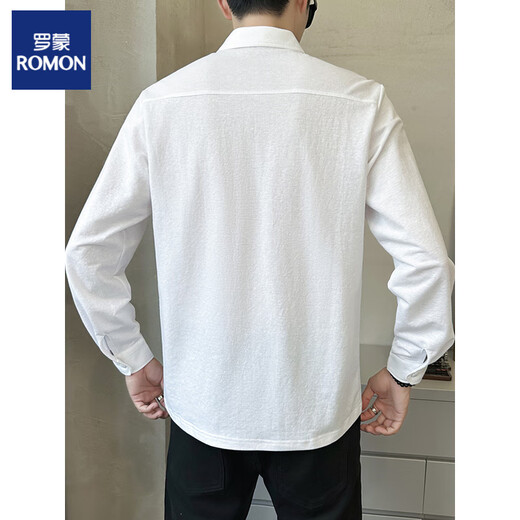 ROMON cotton linen long-sleeved T-shirt for men 2025 new autumn casual solid color linen POLO shirt spring and autumn lapel base shirt 9882 white M