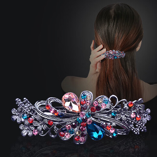 Bow rhinestone hairpin for women, adult half-tied hairpiece, one-word ponytail hairpin at the back of the head, mom style spring clip, blue 1 pack