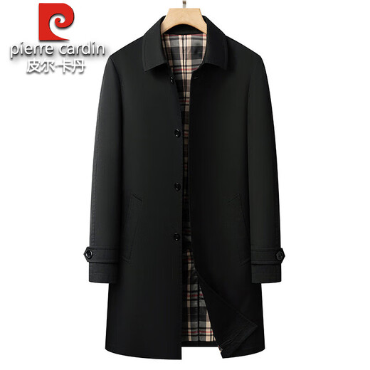 皮尔卡丹纯棉中长款风衣男2025春秋商务休闲100%全棉大衣中年爸爸翻领外套 黑色 2XL 185 160-175斤