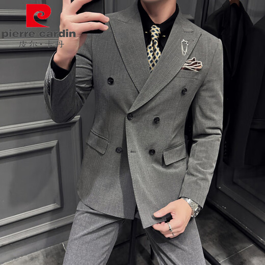 Pierre Cardin yarn-dyed dark striped double-breasted suit for men, Korean style slim and crisp business formal wedding suit, three-piece suit, medium gray (single suit) 3XL