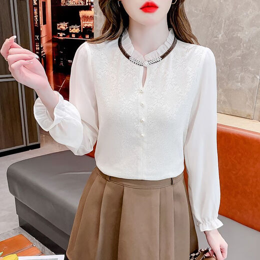 Ling Yue French Elegant Spring and Autumn New Shirt Women's Western Fashion Temperament Top Age-Reducing Long-Sleeved Lace Chiffon Shirt Women Off-White M Recommended 96-105 Jin Jin equals 0.5 kg
