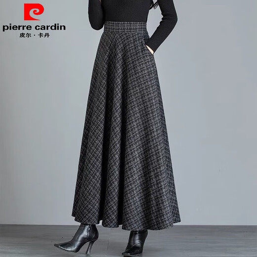 Pierre Cardin woolen skirt for women with pockets for autumn and winter 2025 new high-waisted ethnic skirt with large swing, high-waisted, mid-length floral skirt, gray and black plaid - with pockets, skirt length 85 cm XL recommended 125-140 Jin Jin equals 0.5 kg, skirt length 85 cm