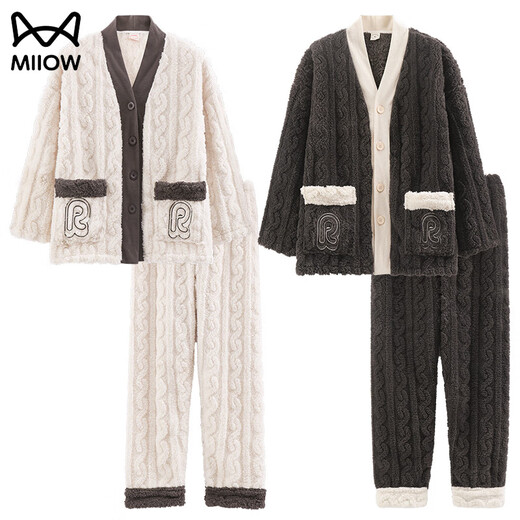 MiiOW couple pajamas autumn and winter style coral velvet V-neck cardigan for men and women thickened velvet flannel home wear set female B6119 male B6120 M female