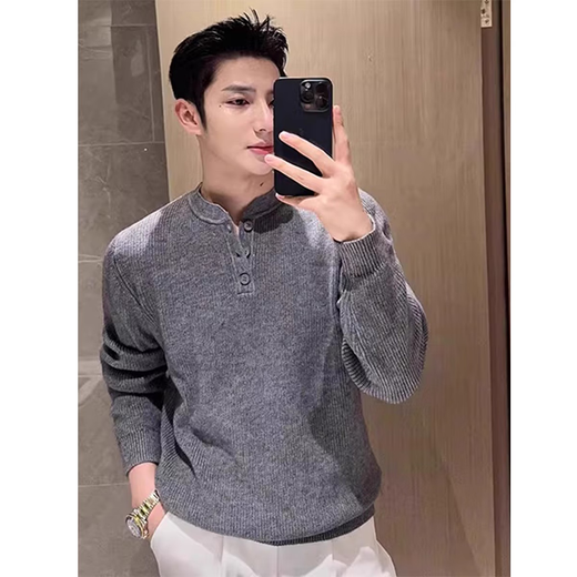 Kuraishi Kazuki light luxury trendy brand high-end Henry collar sweater men's autumn and winter new style inner casual solid color bottoming sweater gray L