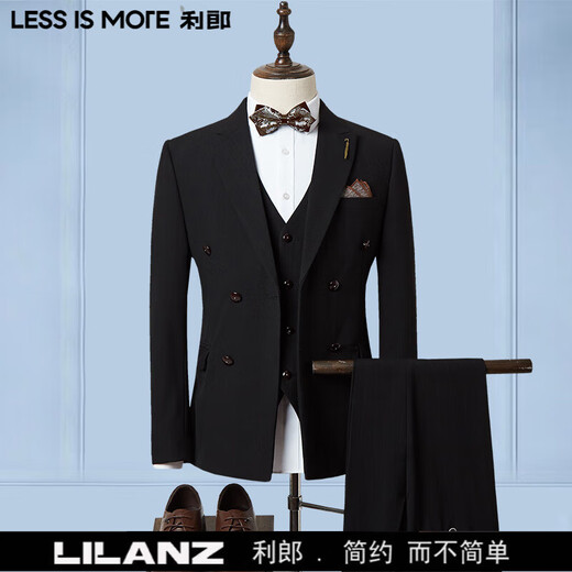 LESS IS MORE Lilang three-piece suit suit men's striped business formal wear Korean style trendy slim and handsome groom wedding dress official flagship black counter genuine M