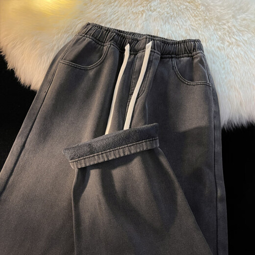 Velvet Thickened Straight Jeans Women's Winter 2025 New Small Wide Leg Cotton Elastic Waist Autumn and Winter Pants Retro Blue - Velvet XL