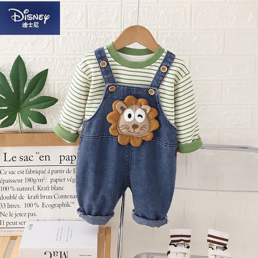 Disney (Disney) baby spring and autumn denim overalls suit baby 2024 new style boys two-piece set children's clothing long-sleeved autumn clothing light gray LS lion overalls suit 110
