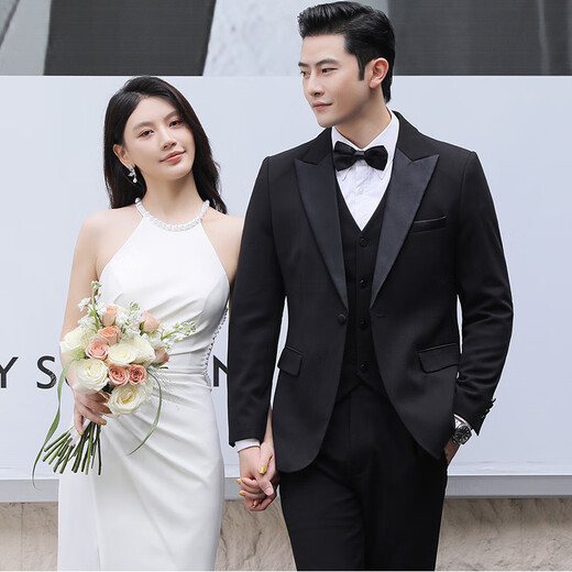 ROMON Groom Wedding Wool Suit Men's Korean Slim Business Formal Tuxedo Banquet Evening Suit Black Suit Jacket+Pants+Vest+White Shirt Free Tie 2XL Recommended 135-150Jin Jin is equal to 0.5 kg