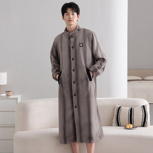 LangSha couple pajamas for one man and one woman in winter flannel plus velvet warm mid-length buttoned nightgown bathrobe home wear winter female 25091 almond + male 25191 mist gray M female + L male