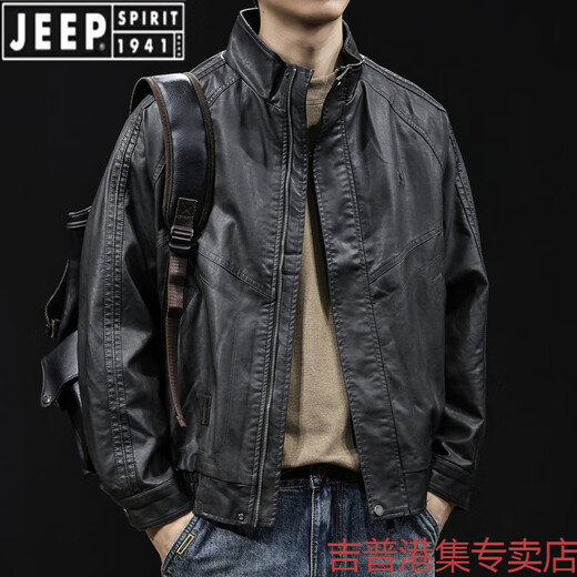 JEEP SPIRIT high-end leather jacket men's autumn and winter 2025 new men's velvet thickening large size trendy brand clothes motorcycle style brown L suitable for 120-140Jin Jin equals 0.5 kg
