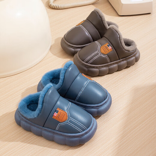 Autumn and winter cotton slippers for boys and girls, thick-soled non-slip cotton slippers for indoor and outdoor use, plus velvet and warm cotton slippers for boys and girls, leather label T-grey 12 38/39 adult one size smaller