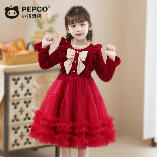Piggy Banner (PEPCO) girls dress spring and autumn fashionable little girl autumn and winter dress children's dress princess dress autumn red 130