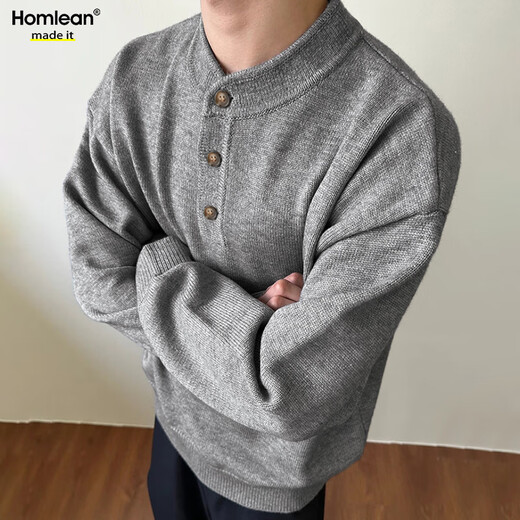 Homlean old money Henry collar knitted sweater men's advanced lazy style casual all-match top autumn HC19 dark gray L