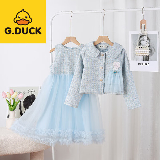 G.duck Little Yellow Duck Girls Princess Dress Set Girls Vest Small Fragrance Jacket Blue Elsa Spring Autumn New Winter Pink Elsa Jacket + Vest Skirt_No Velvet 140