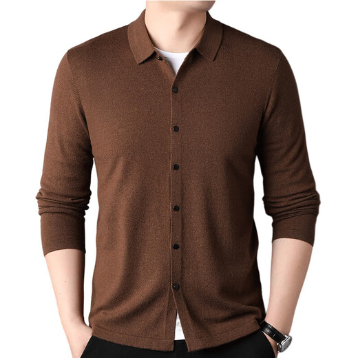100% pure wool sweater men's cardigan lapel sweater Puyuan sweater middle-aged and elderly knitted bottoming shirt jacket top brown 3XL 190/104A