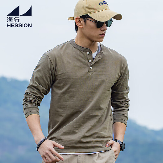 Haixing Outdoor 300g heavyweight men's pure cotton long-sleeved Henley shirt 2025 autumn new casual inner layering shirt T-shirt taupe gray green M