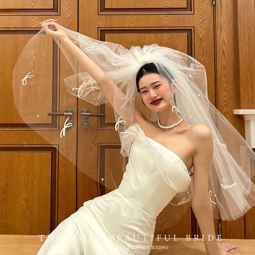 Bai Qixin Veil Proposal Super Fairy Beaded Bow Knot Bride Wedding Photo Collection Certificate Registration Bow Puffy Headdress Yunli Beaded Bow Tie Veil 75cm Hair Comb Style