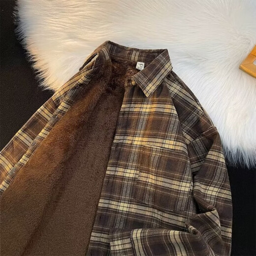Autumn and winter retro plaid plus velvet thickened shirt men's American retro trendy brand loose coat long-sleeved shirt brown plus velvet XL recommended 120-140Jin Jin equals 0.5 kg