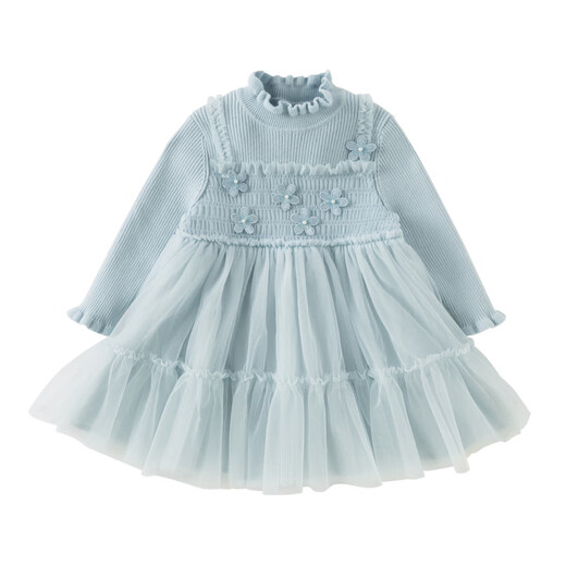 DAVE&BELLA Girls Sweater Dress Children's Mesh Skirt Winter New Baby Girl Skirt Western Style Little Princess Dress Ice Blue Ready Stock 90 cm (recommended height 80-90cm)