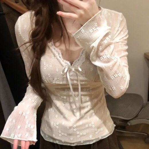 Miao Yijia white t-shirt women's long-sleeved v-neck right shoulder top for outer wear 2025 autumn new slimming bottoming shirt slim fit for inner wear Pure desire style apricot lace v-neck long-sleeved top One size fits all Recommended 115Jin Jin equals 0.5kg