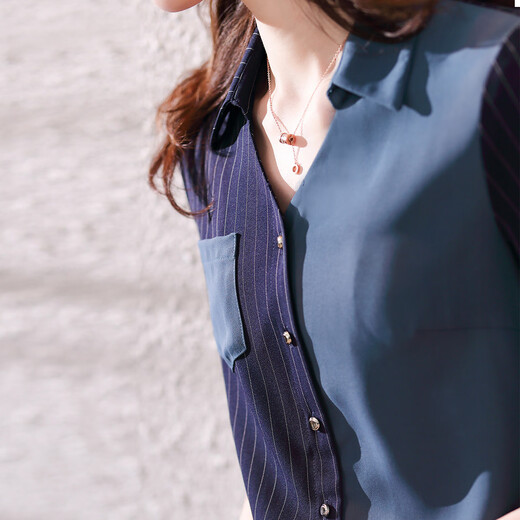 Demana (dme) spring fashion splicing casual women's shirt slim H-shaped women's top V-neck temperament shirt for women Navy S