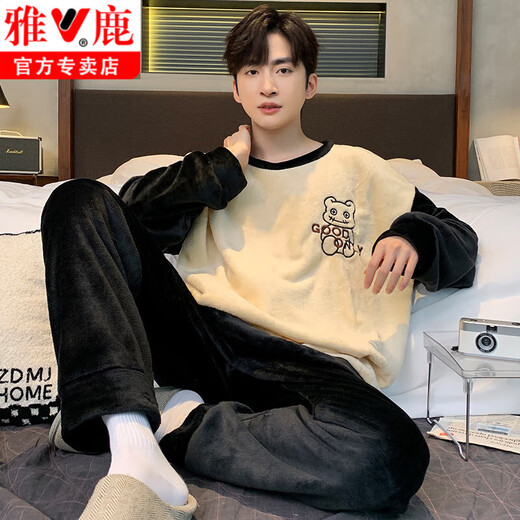 Yalu Pyjamas Herren 2025 Herbst und Winter plus Samt verdickte Koralle Velvet Teenager Flanell Wearable Anzug 3887# Black L