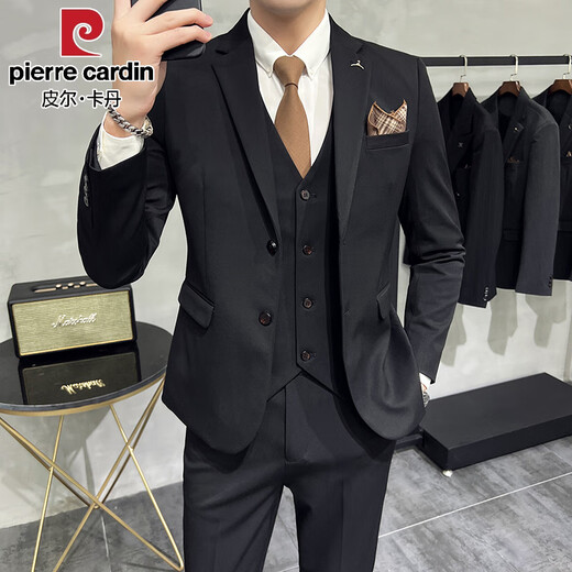 Pierre Cardin business casual single-breasted suit suit groom Korean style men's slim double slit small suit lapel collar formal suit black suit + trousers + vest free black tie XL