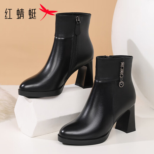 Red Dragonfly Genuine Leather Women's Boots Ankle Boots Short Boots Winter Velvet Warm French High Heel Boots Mother's Boots Slim Boots Short Boots Black Single Liner (Heel Height 7.5cm) 37