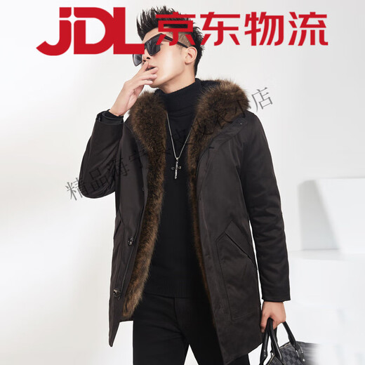 Winter new parka men's medium-length mink coat American raccoon fur collar hooded high-end men's custom-made black L 170