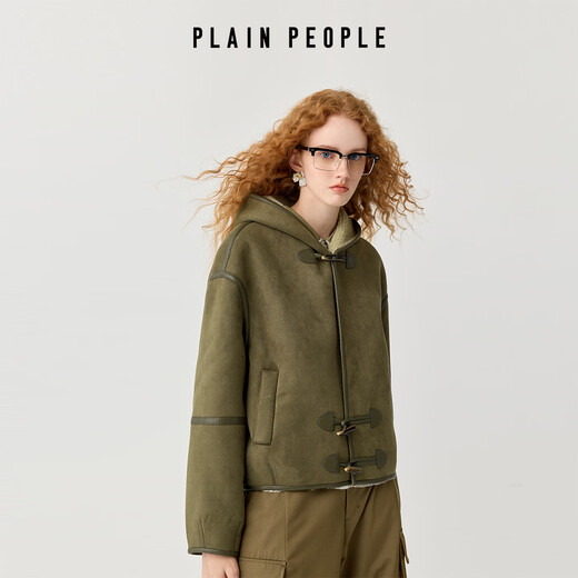 PLAIN PEOPLE Retro College Contrast Color Hooded Textured Horn Button Thick Jacket Women's Green 2025 Winter Olive Green M