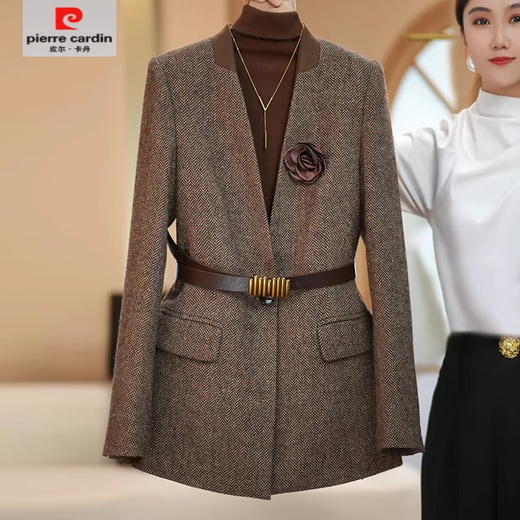 Pierre Cardin coffee color versatile suit suit for women in autumn and winter, thick herringbone pattern, fashionable and simple commuter suit, coffee color jacket + coffee color sweater + coffee color pants (comes with corsage + belt) 2XL 125-145Jin Jin is equal to 0.5 kg