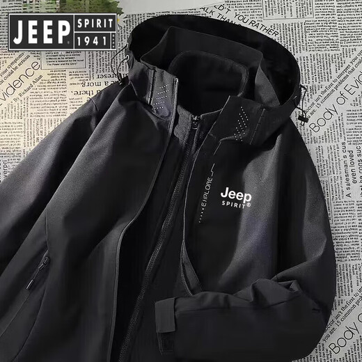 JEEP SPIRIT Jeep Autumn and Winter Jacket Three-in-One Jacket Men's Outdoor Sports Thickened Jacket Men's Windproof and Waterproof Upgraded Three-in-One-Black XL Recommended Height 165-175c