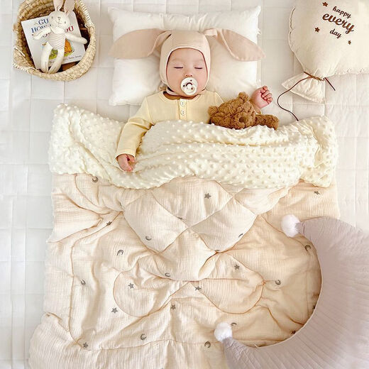 Newborn baby spring and autumn blanket, children's air-conditioned quilt, kindergarten quilt, autumn and winter quilt, soothing beanie plush blanket, bear head-embroidered beanie quilt 120x100cm