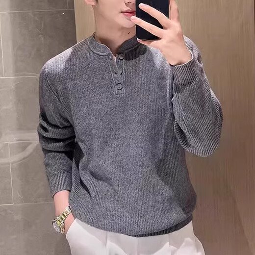 Kuraishi Kazuki lazy style Henry collar sweater men's autumn and winter Korean version versatile casual sweater warm inner layering shirt trendy black 3XL