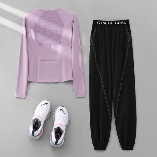 Phigeer large size autumn Pilates yoga clothing suit for women outdoor casual morning running clothing long-sleeved quick-drying clothing fitness training clothing dark purple two-piece set (black trousers) M
