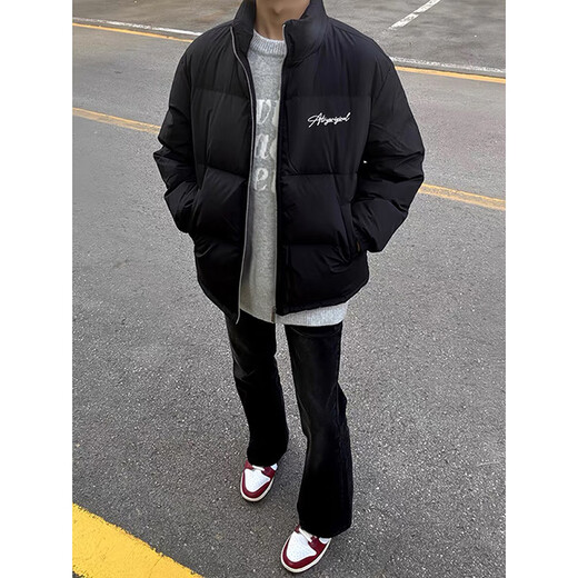 XUANSENTU black hoodless stand-collar down jacket men's winter wear suit thickened cotton coat American high street couple's bread suit A102-DT2655 black (white lettering) upgraded model XL (suitable) 130-145Jin Jin equals 0.5 kg