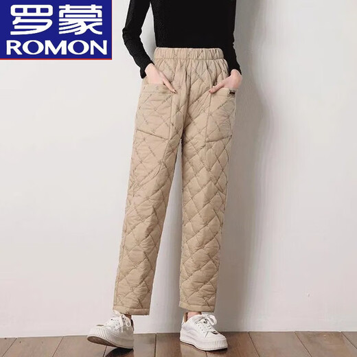 ROMON thickened large/size down cotton pants for women 2024 autumn and winter outer wear high-waisted loose casual straight pants warm cotton pants KG 4789# Brown XL 115-130Jin Jin equals 0.5 kg