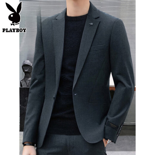 Playboy high-end customized casual suit suit men's formal spring and autumn business small suit groom wedding dress jacket dark gray suit + trousers XL size (recommended 121-140Jin Jin equals 0.5 kg)