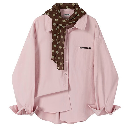 CHOCOOLATE it women's pure cotton trendy brand pink lapel long-sleeved shirt women's autumn and winter loose shirt women's top 2025 new pink (with scarf) S