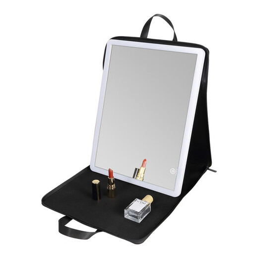 CURRAN KOUMAH Portable LED Makeup Mirror with Light Folding Rechargeable Makeup Artist Follow-Up Large Fill-Light Mirror Black Leather Case Zipper Model 10000 mAh Ultra Clear