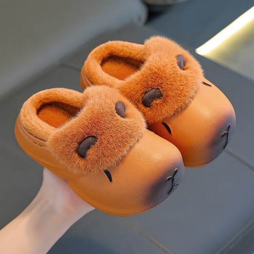 Kapibara children's cotton slippers, boy's winter cartoon cute non-slip indoor soft-soled baby slippers, upgraded environmentally friendly material dark coffee (heel included) 12 36/37 size (suitable for 35/36 feet)