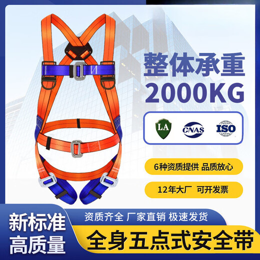 Five-point safety belt, high-altitude work safety belt hook, national standard anti-fall full-body safety rope safety suit, waist protection, European-style buffer double hook 2 meters