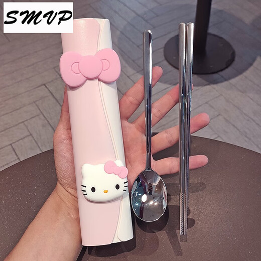 迪士尼（Disney）304不锈钢餐具筷子勺子套装单人儿童便携一人用三件套学生收纳盒 双开盖餐具-粉色(小猫蝴蝶结)