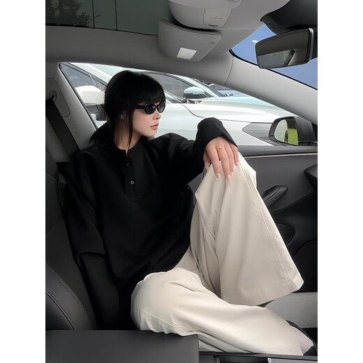 QGF Henry collar right shoulder long-sleeved T-shirt men's autumn and winter deconstructed plus velvet American warm heavyweight sweatshirt base layer white gray regular XL recommended 110-130Jin Jin equals 0.5 kg