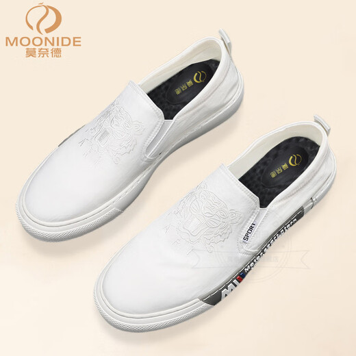 莫奈德奢侈高端品牌帆布鞋男一脚蹬懒人鞋百搭透气布鞋乐福鞋子男潮鞋 白色 41