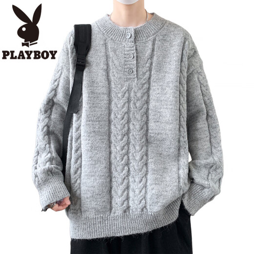 Playboy (PLAYBOY) Henry collar sweater for men in autumn and winter trendy cable pattern blended pullover sweater for men simple warm woolen clothes light gray M about 90-110Jin Jin equals 0.5kg can be worn