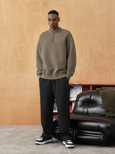 BODYDREAMBM New Henley Collar Sweatshirt Men's Autumn Casual Pullover Loose Shoulder Sports Top Dark Khaki S 110Jin Jin equal to less than 0.5kg